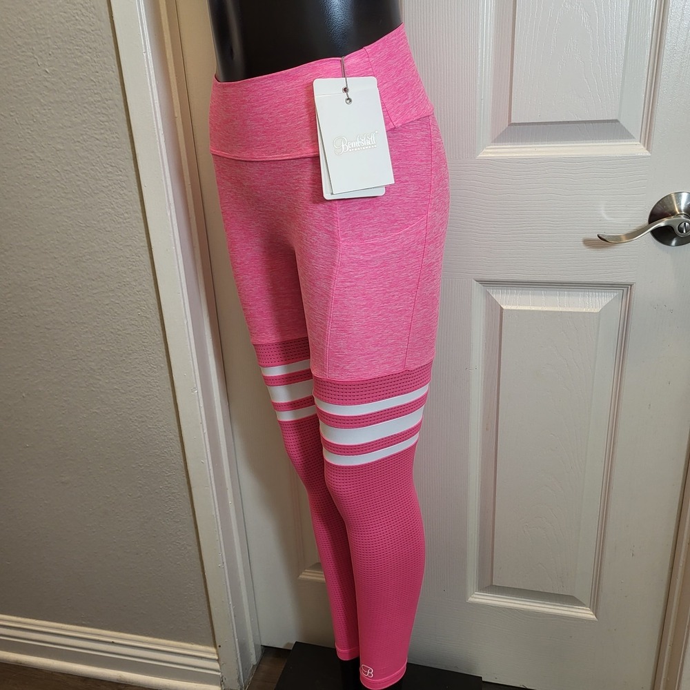 Bombshell Sportswear Pocket Thigh Highs Leggings Pink w/ White Stripe Size Small